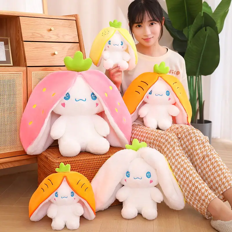 New Creative Funny Flip Zipper Carrot Dog Plush Toy Cute Stuffed Animals Puppy Hiding in Strawberry Kawaii Soft Kids Girls Toys