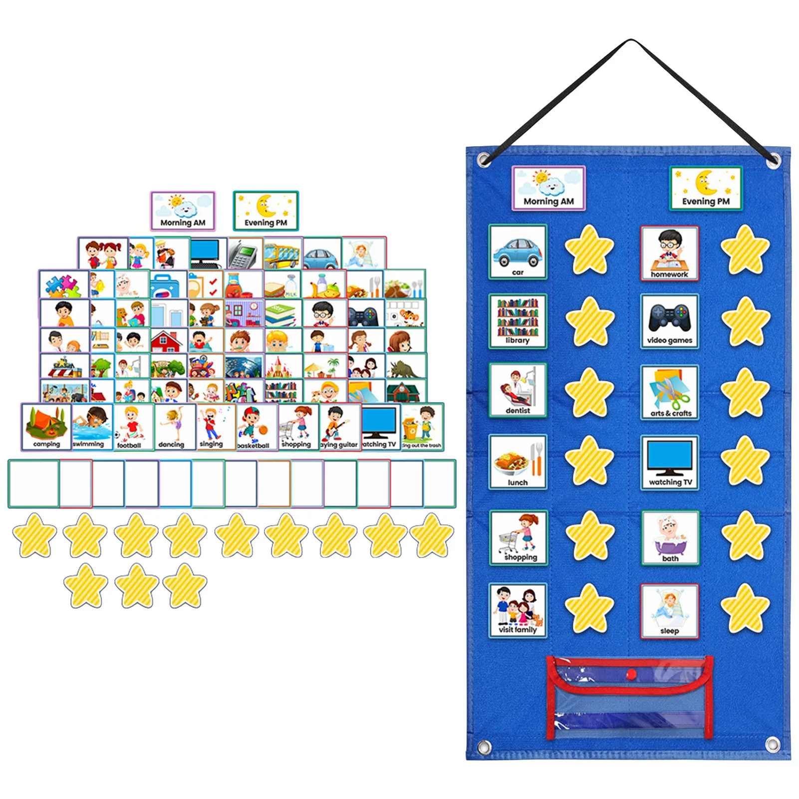 תכנון ויזואלי מתקפל לילדים בבית ובבית עם תליית קיר עם 72 כרטיסים מודפסים מראש, 12 כרטיסי כוכבים ועט יבש למחיקה