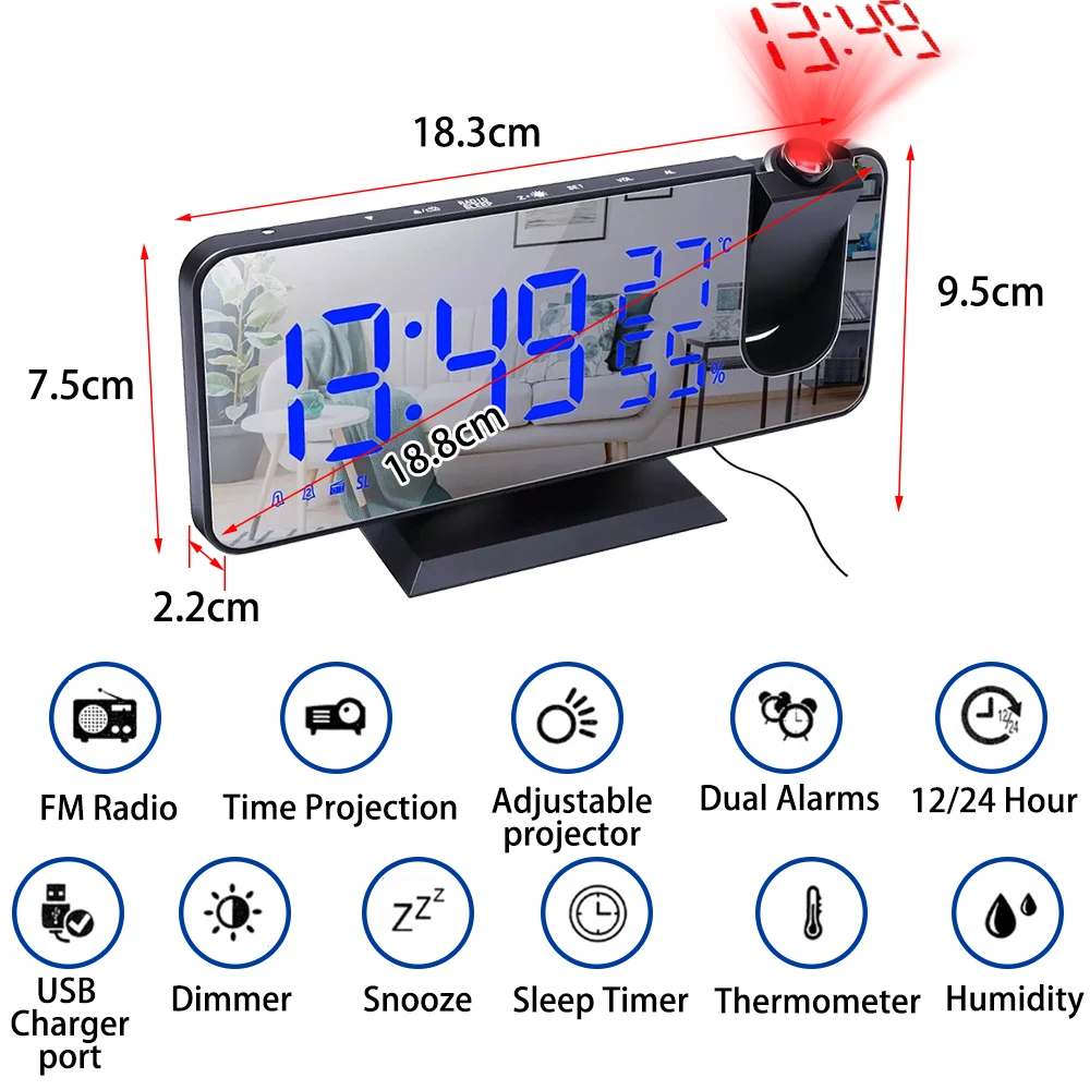 XMMSWDLA Reloj despertador de proyección, reloj digital con  proyector giratorio de 180°, atenuador de brillo de 2 niveles, pantalla LED  transparente, cargador USB, reloj despertador digital para : Hogar y Cocina