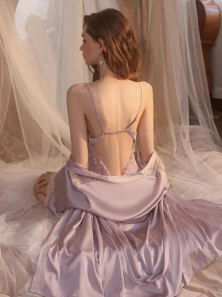 Lace Bathrobe Nightdress Summer Sleepwear Wedding Night Dress Robe with Belt Women Sexy Silk Nightgown Robes Set 10 S25c8b9a5f0b14a3b9c1476fc9a1a25f3T