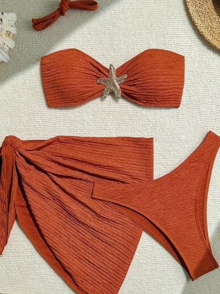 Sexy Metal Starfish Bikinis Set Women Brown Bandeau Push Up Mesh Skirt 3 Piece Swimsuit 2025 Beach Bathing Suit Holiday Swimwear 2