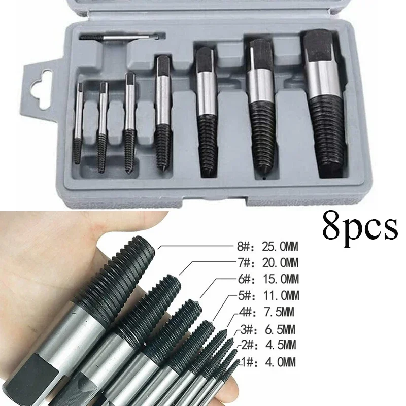 8pcs Screw Extractor Set Damaged Screw Broken End Bolt Water Pipe Remover Carbon Steel Metal Drill Bit Woodworking Hand Tools