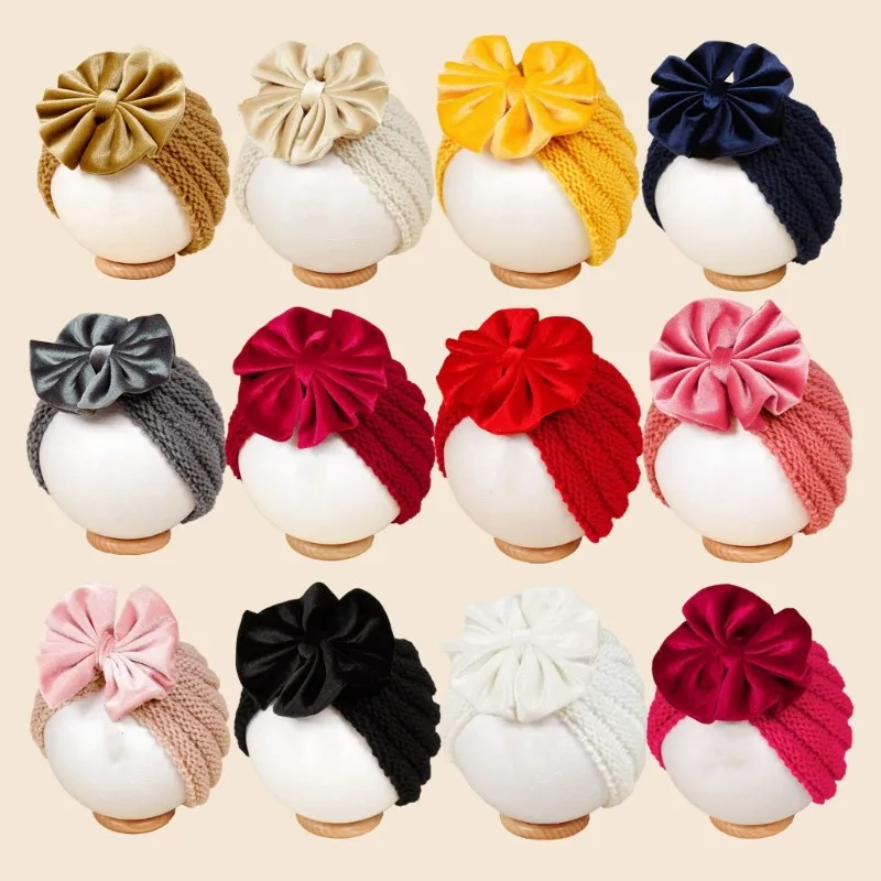 New Velvet Bowknot Knitted Baby Turban Hat Winter Thick Warm Newborn Beanie Cap Solid Colour Baby Hospital Bonnet Accessories