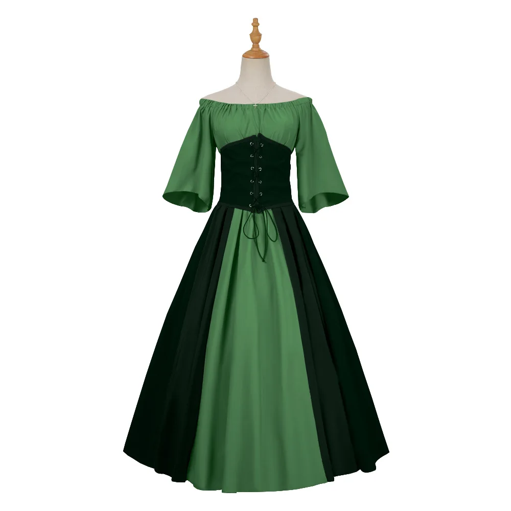 Halloween Costumes for Women Medieval Retro Contrasting Color Slim Swing Dress One-word Shoulder Dress Love Live Cosplay