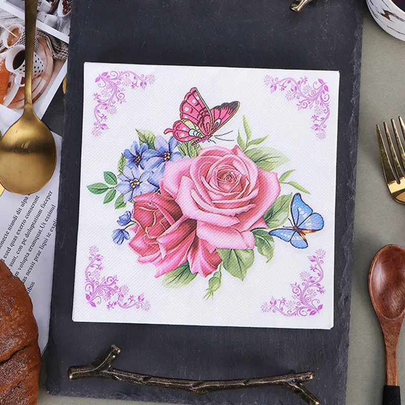 Flower Butterfly Printed Paper Disposable Tableware Napkin Tissues 20Pcs/pack 33x33cm Wedding Party Decoration