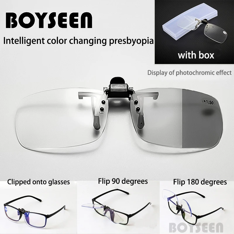 Der photochrome Presbyopie-Brillenclip BOYSEEN kann mit einem Rezept kombiniert werden und bei der Brille geklemmt werden
