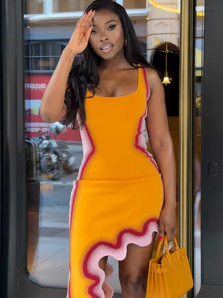 Robes d’été pour femmes, robe débardeur à col rond, sans manches, streetwear, coupe ajustée, robe courte orange, vente en gros, dropshipping