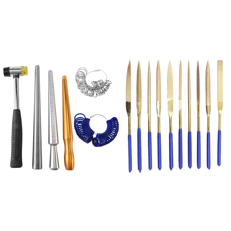 

6 шт. кольцевой увеличитель, держатель, ручка, молотки, кольцевой молоток и 10X140 мм, золотые титановые алмазные напильники