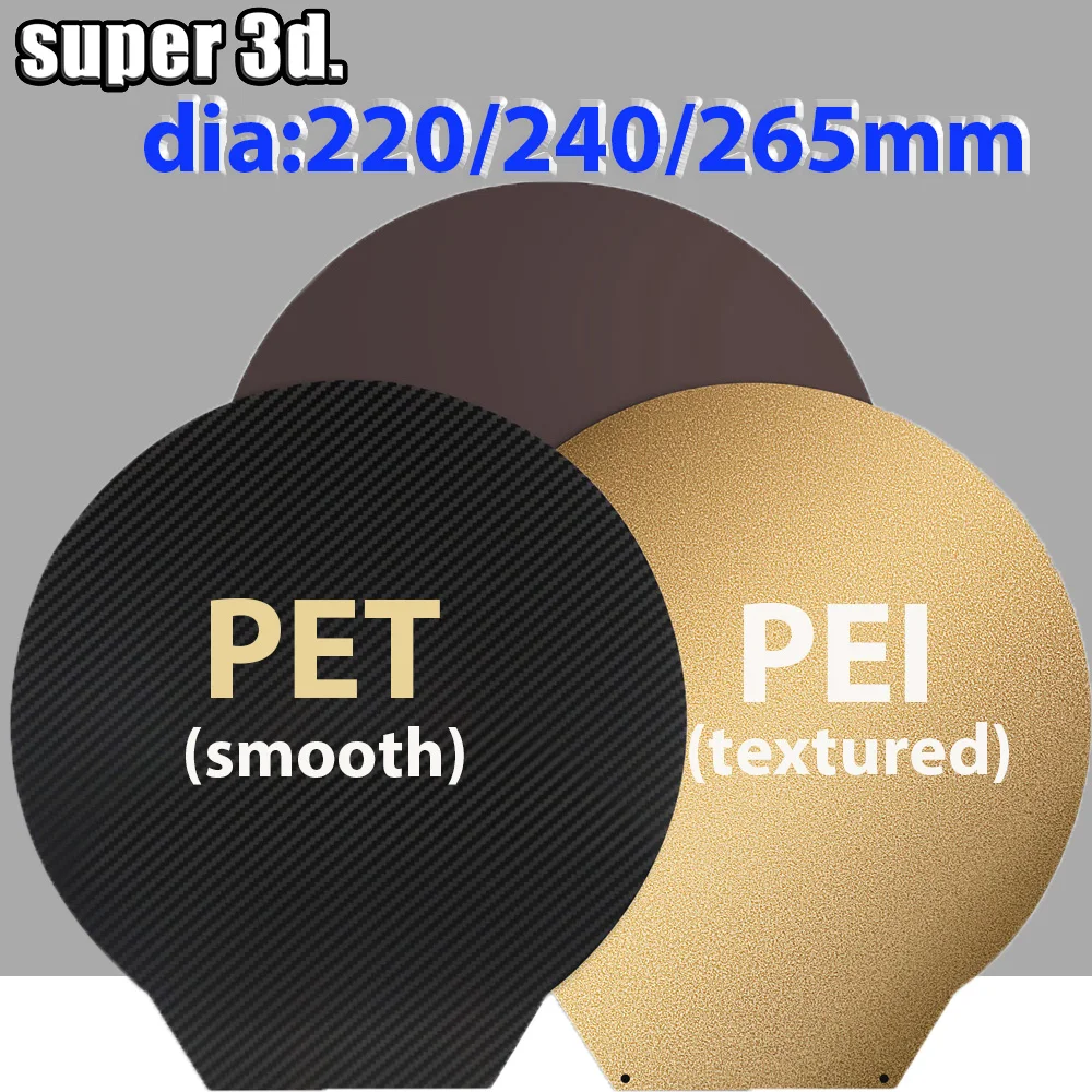 Round PET PEI Sheet 220/240/265mm Double Sided Heated Bed Spring Steel Sheet Mangetic PEI Build Plate For Rostock Delta Kossel energetic magnetic hot bed surface sticker with 3m tape 200mm 220mm round spring steel pei build plate for 3d printer delta