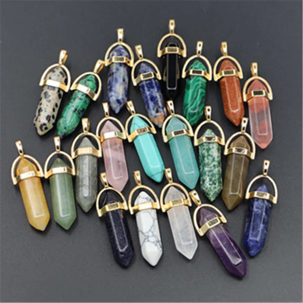 High Quality Assorted Natural Stone Mixed Pillar Point Pendant Amethy Charms Chakra Necklace Wholesale 12Pcs/Pack Free Shipping