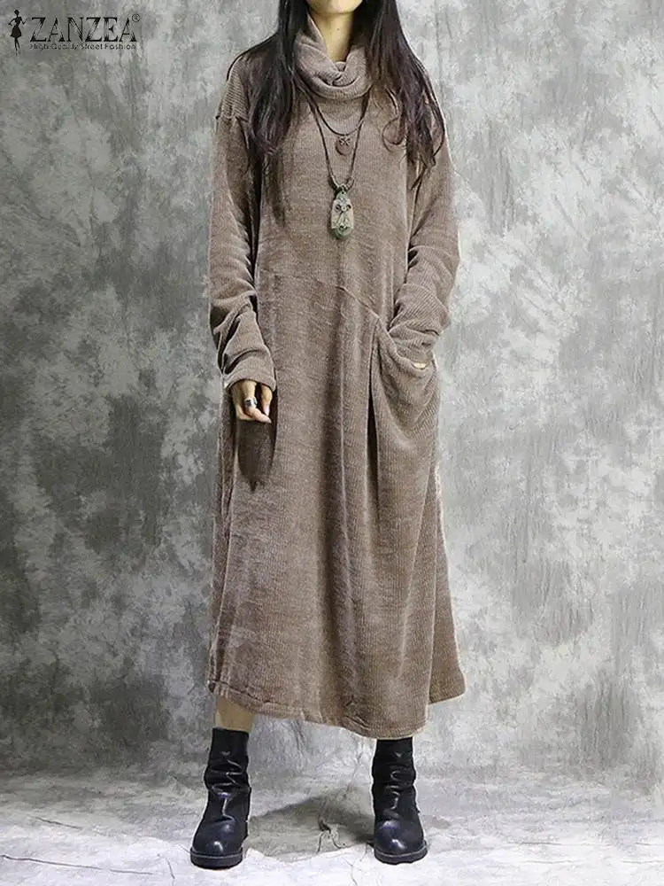 

2023 ZANZEA Women Corduroy Dress Autumn Turtleneck Long Sleeve Casual Sundress Robe Femme Solid Loose Vestidos Oversize Dresses