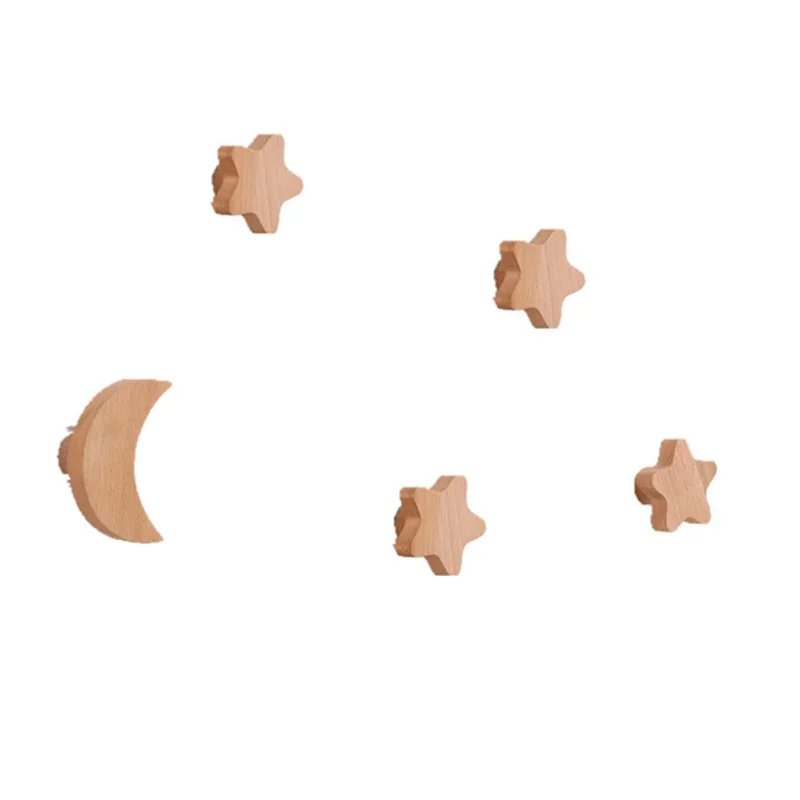 Creative Star Moon Wooden Hook Drawer Handle Non Perforated Adhesive Wall Hook for Bedroom Home Entrance Hat 6
