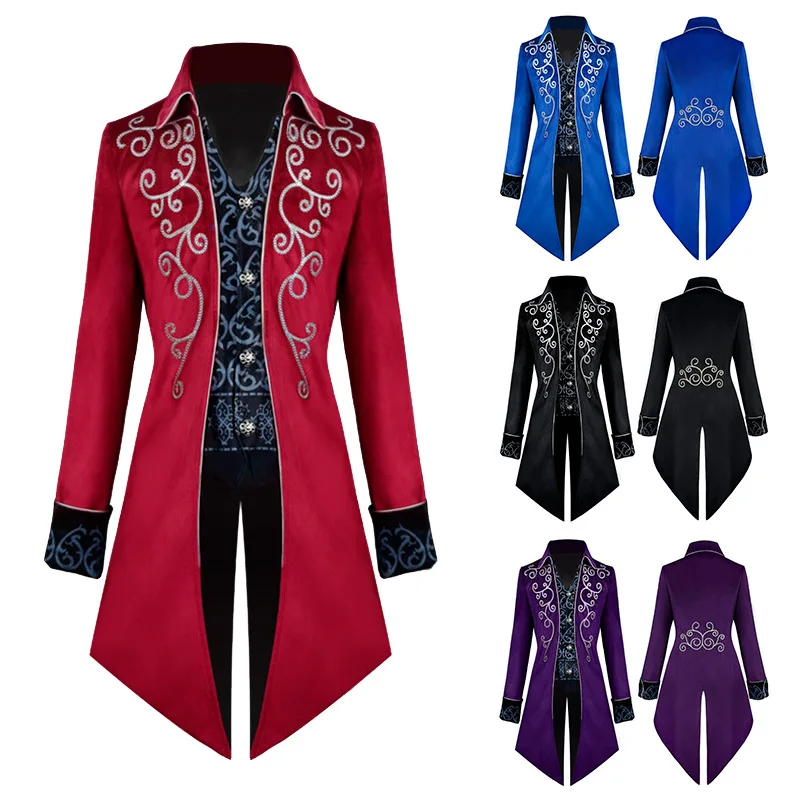 Black Steampunk Velvet Men Tailcoat Jacket Gothic Victorian Halloween Cosplay Costume Red Single Breasted Embroidery Tuxedo Coat