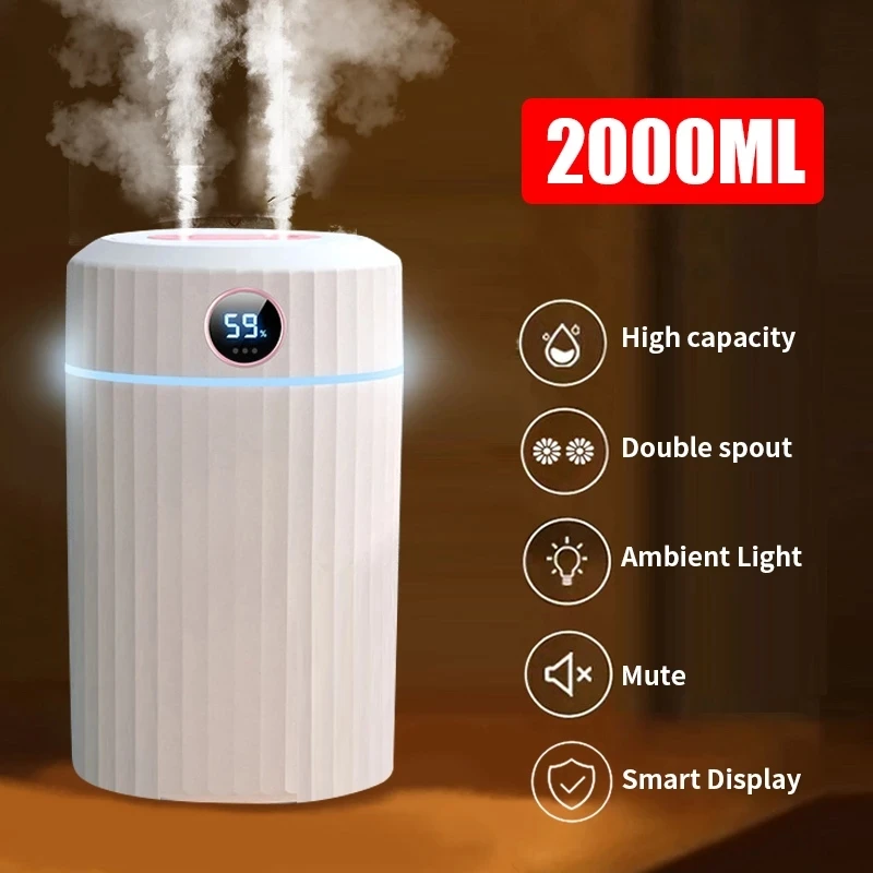

2L USB Large Capacity Humidifier With Dual Spray Humidity Display Household Mute Aromatherapy Bedroom Desktop Gifts Diffuser