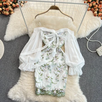 2022 Spring Fashion Sexy One Line Collar Off Shoulder Chiffon Stitched Mesh Embroidered Waist Closing Small Man Hip Wrap Dress