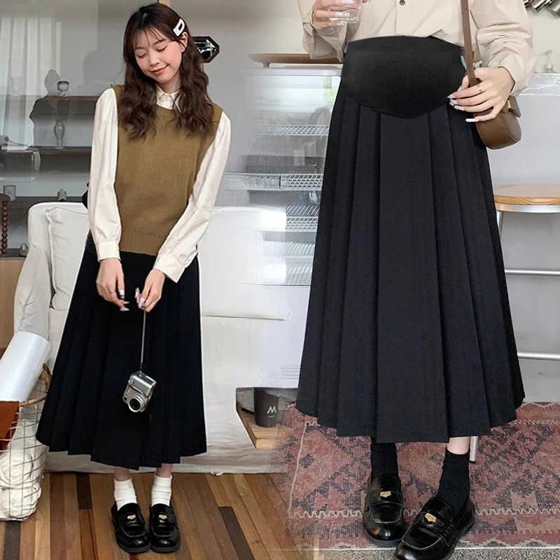 Preppy Style High Waist Maternity Belly Skirt Autumn Long Loose Design Pregnant Woman Umbrella Skirt Loose Maternity Skirts