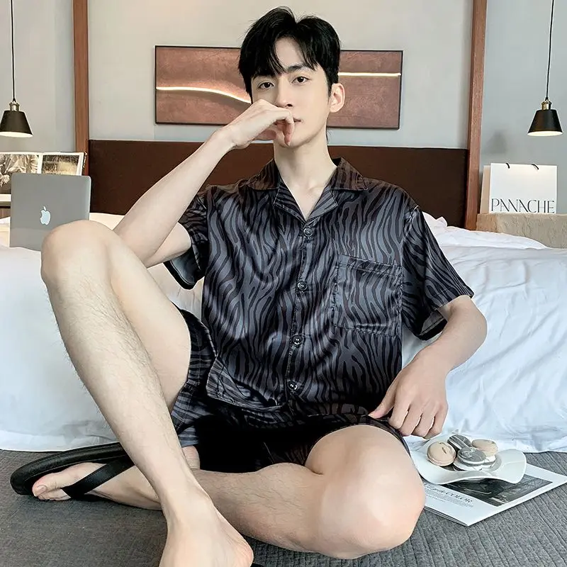 Silk Pajamas Short-sleeved Tops Shorts Men Pajama Sets Loose Sleepwear Loungewear Luxury Brand Sleepwear Thin Homewear