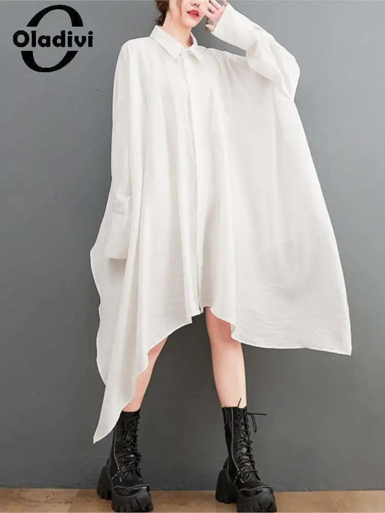 

Oladivi Large Size Women Solid Color Long Sleeve Casual Loose Irregular Dress 2022 Spring Autumn New Oversize Shirt Dresses 3567