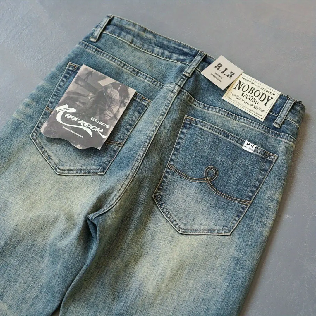 American Hiphop Pants Men's Clothing Jeans Autumn and Winter 2024 New Trendy Brand Retro Washed Elastic Small-legged Pants 3