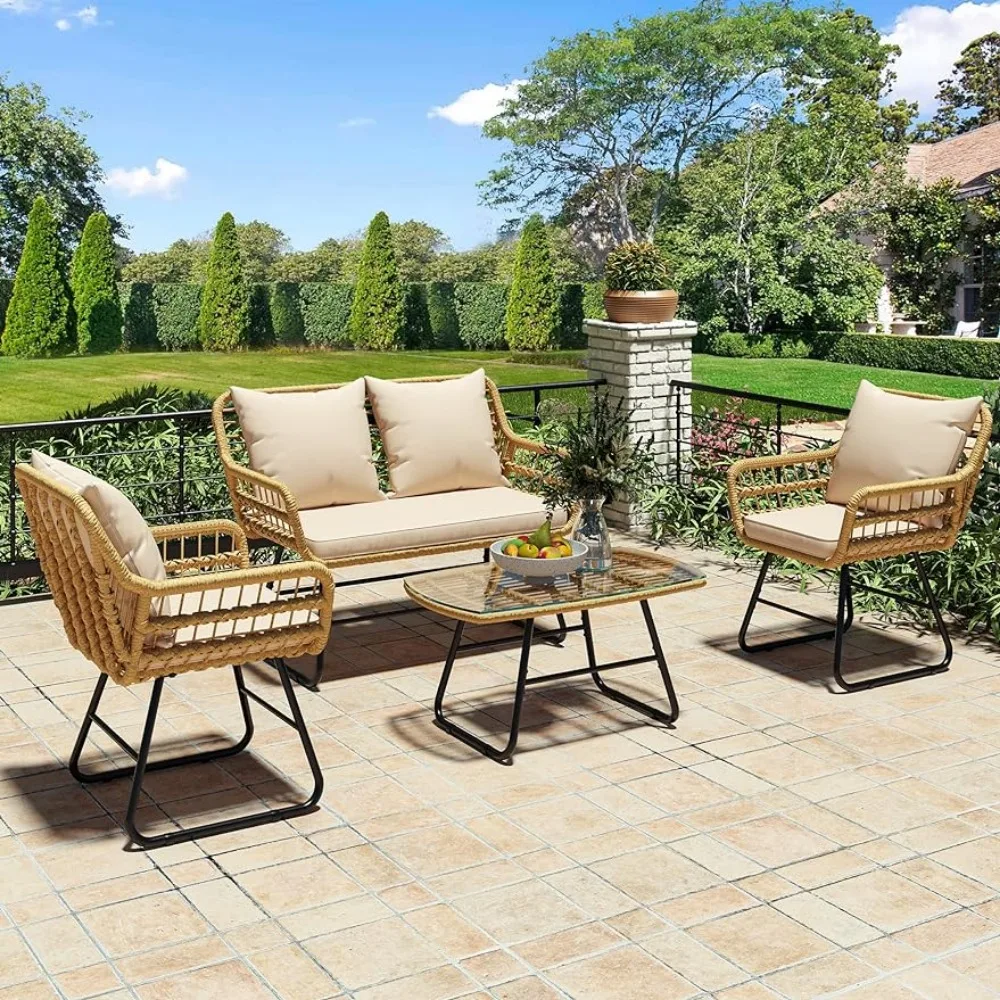

4Piece Patio Furniture Wicker Outdoor Set,All-Weather Rattan Conversation Loveseat Chairs,Light Brown+Beige Garden Furniture Set