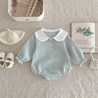 Ready Stock Newborn Jumpsuit Baby Girls Peter Pan Collar Drawstring Long Sleeves Elegant Check Romper 0-2yrs 2