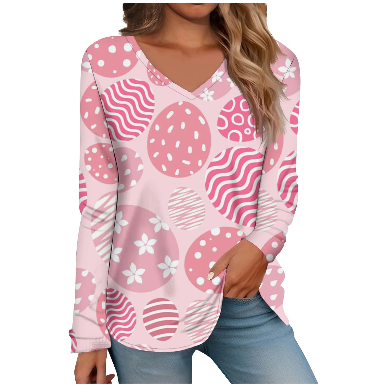 

Women's Fashion Casual Long Sleeve Easter Printed V-Neck Top women's clothing sale fashion woman blouse 2024 Pullover y2k