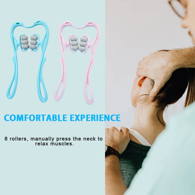 Neck Massager with Six Wheels for Neck Muscle Relaxation Rotatable Adjustment Massaging Legs and Arms in Pink and Blue Colors 3