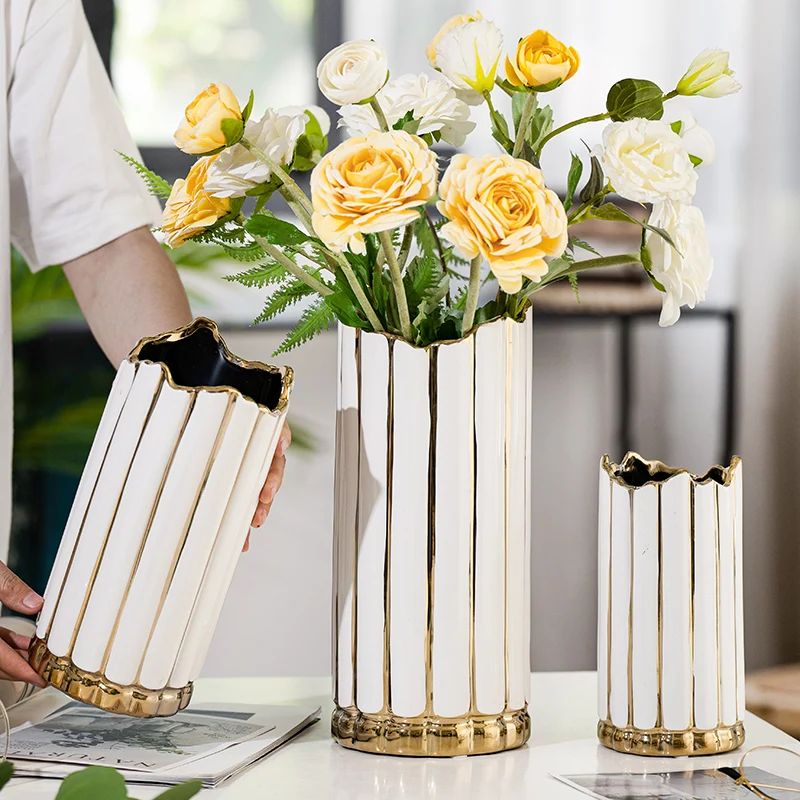 

Kitchen Gold White Vase Minimalist Living Room Desk Nordic Luxury Vases Aesthetic Flowers Ceramics Vaso Per Fiori Decoration