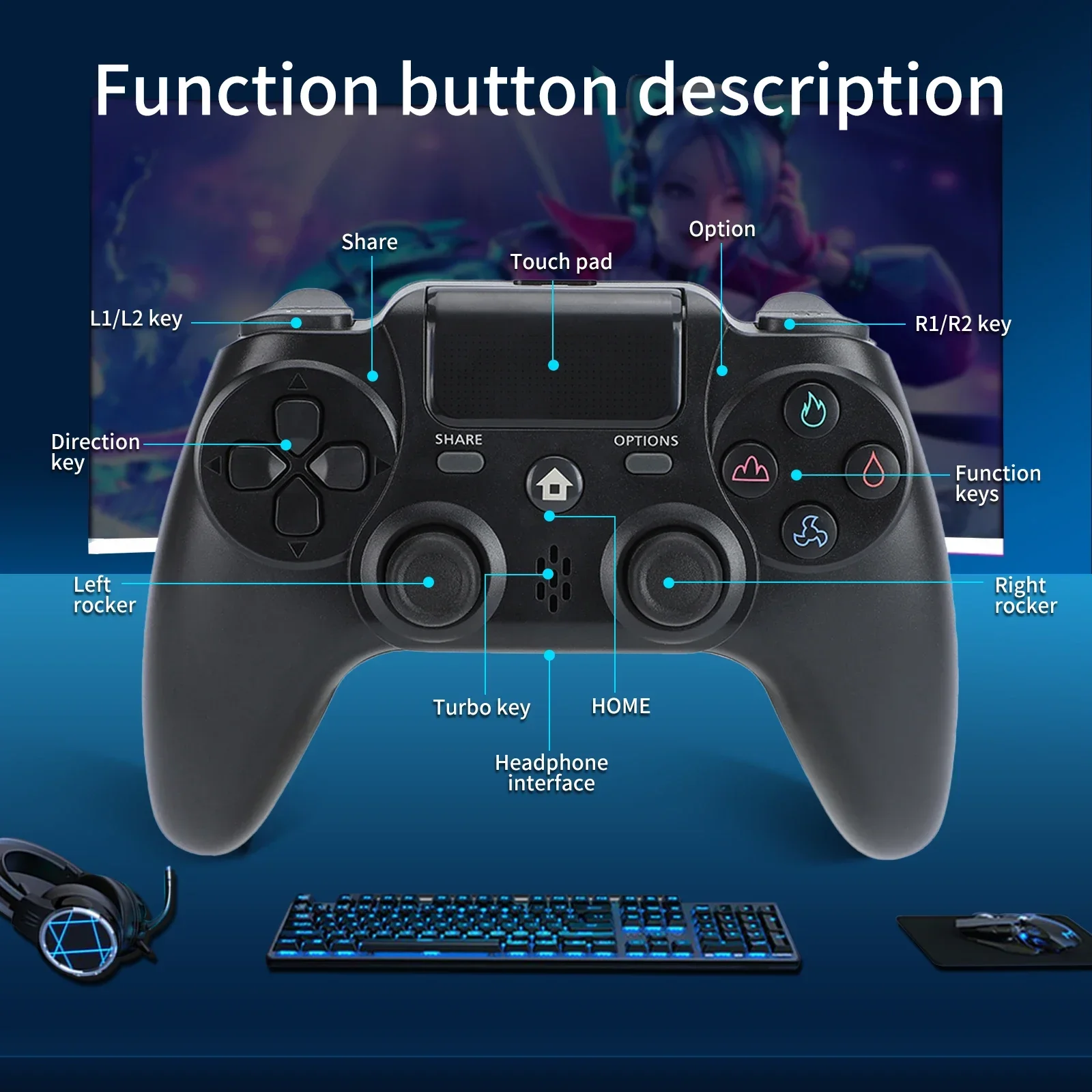 GAMINJA   Ʈѷ, PS4 PC ̽ƽ, 4 ܰ   , 6  α׷  RGB LED  е