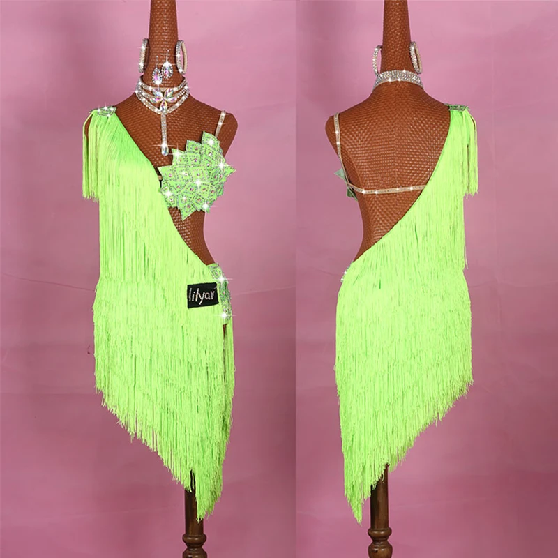 

Latin Dance Dresses For Ladies Elegant Neon Green Thick Fringe Skirt Women Stage Ballroom Compete Costumes Latin Dress