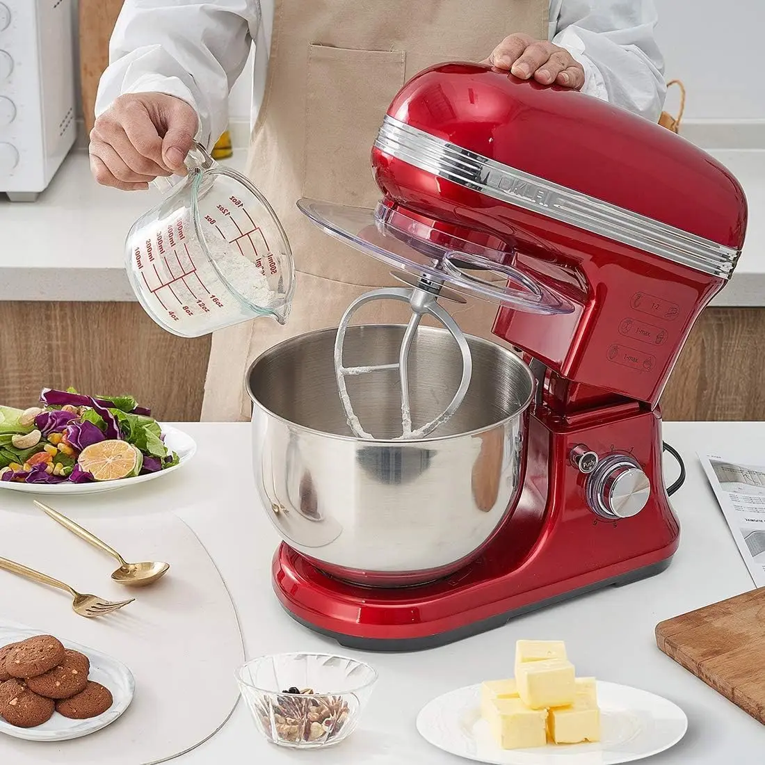 6 Speed Dough Mixer Metal Lid with Stainless Steel Bowl, Tilt-head Kitchen Mixer with Wire Whisk, Dough Hook, Flat Beater 2