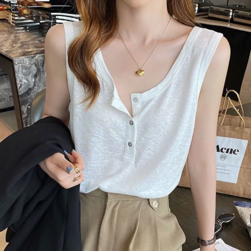 

New Korean Solid Loose Tank Top for Women's Button Sleeveles Thin Loose Simplicity Casual T Shirts Fashion Harajuku Clothing