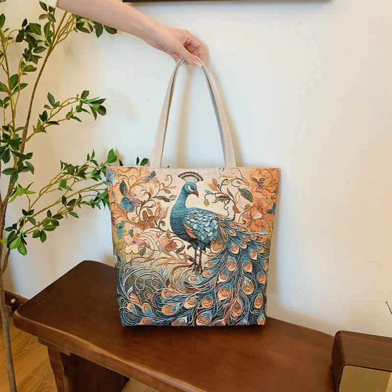 New Retro Double Sided Embroidery Women Handbag Luxury Design Canvas Ethnic Style Tote Bag Shoulder Bag