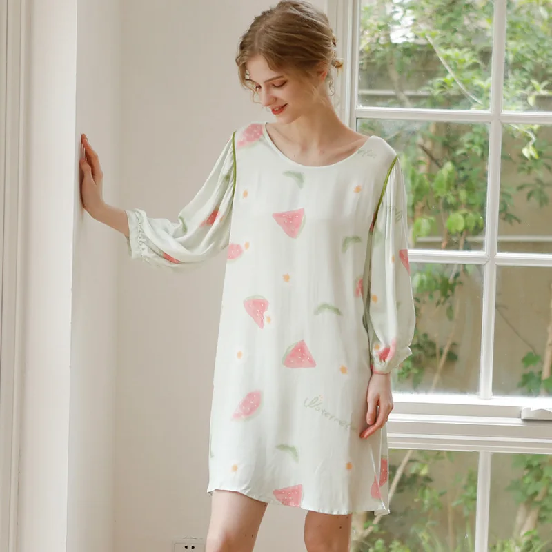 

2022 Autumn Satin Home Dress Women Cute Watermelon Printed Pajamas Long Sleeves Viscose Round Neck Nightgowns Sexy Sleepwear