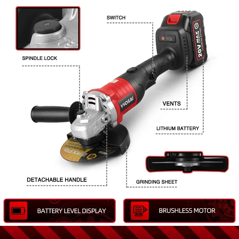 VVOSAI 125mm MT-Series 20V Brushless Angle Grinder Rechargeable 3 Gears Wireless Electri Cutting Grinding Cordless Power Tools 2