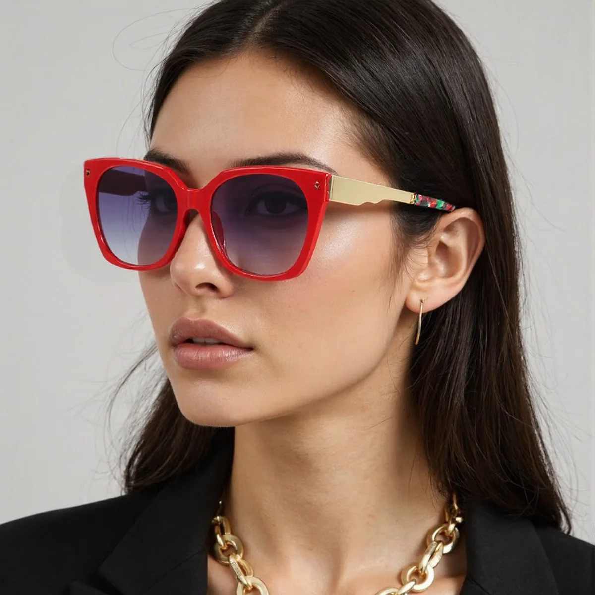 Luxurious Vintage Red Frame Sunglasses with Green and Gold Decorative Lens