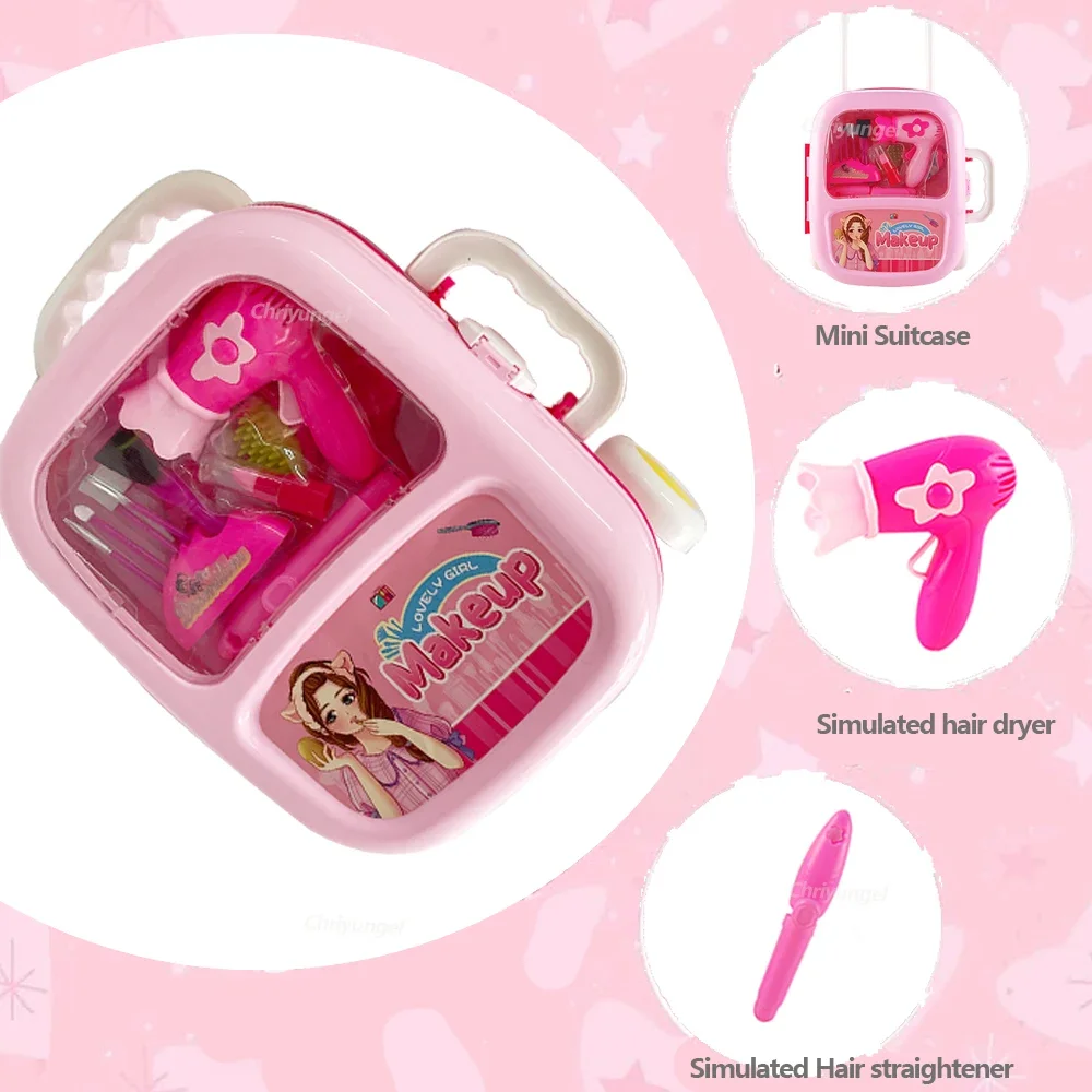 Kids Makeup Set for Girls Mini Pretend Play Set Simulation Hairdressing Hair Dryer Scissors Make Up Lipstick Toy Birthday Gifts