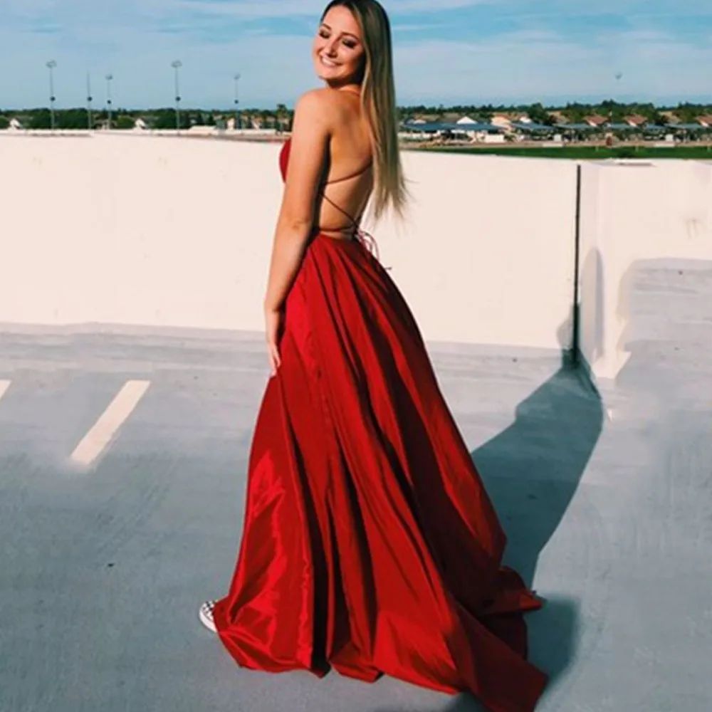 Elegant Burgundy Halter Prom Dress 2025 - Backless Side Slit Satin Evening Gown