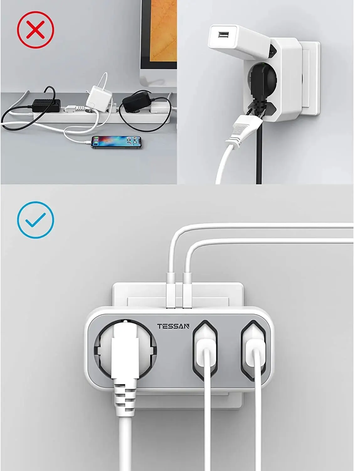 TESSAN EU Plug Wall Socket Extender with 3 AC Outlets +2 USB Ports 5V 2.4A Adapter 5-in-1 Plug Socket with Overload Protection power strip plug adapter electrical socket power socket wall socket extender