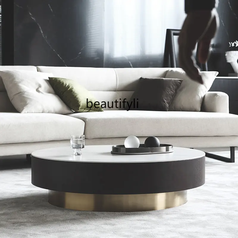 

yj Italian Style Light Luxury Modern Minimalistic Style Jazz White Stone Plate round Tea Table