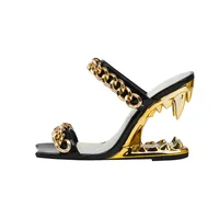 Big Gold Chain Peep Toe Tiger Teeth Heel Sandals 2024 New Fashion Silvery Beach Party Outdoors Women's Slippers Size 35-43 - Image 2