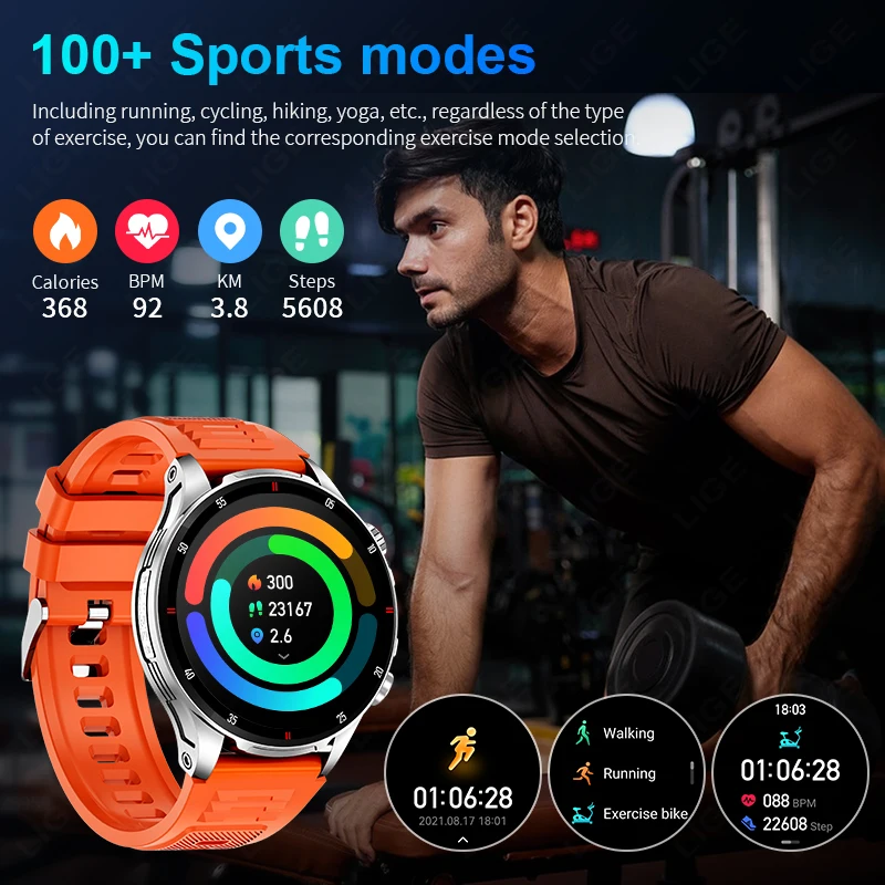 LIGE New Men's Voice Calling Smart Watch Outdoor LED Flashlight 100+ Sport Fitness IP68 Smart Watch Health Monitoring Wristwatch