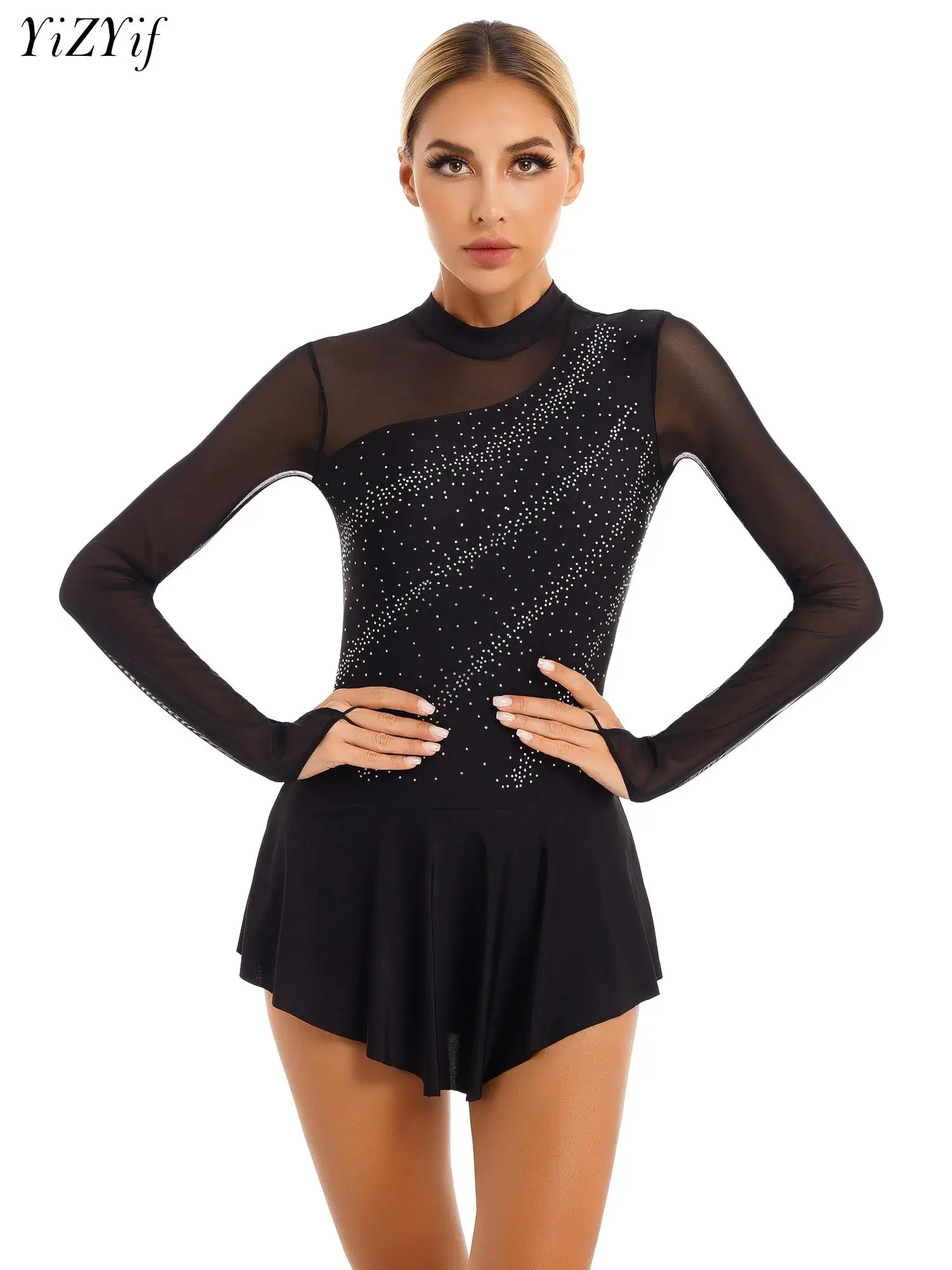 

Women's Ballet Dance Leotard Dress Lyrical Dacning Costume Long Sleeve Rhinestones Sheer Mesh Figure Skating Dresses Dancewear