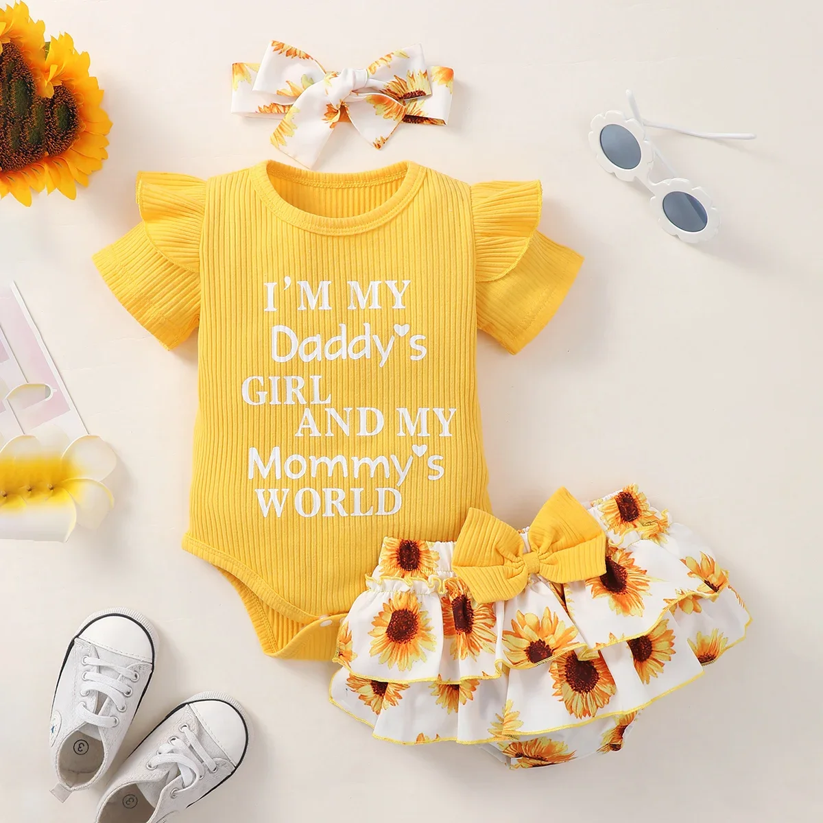 Summer Cute Baby Girls Clothes Sets One Shoulder Ruffles Tops Big Bow Printed Shorts Headband Boutique Kids Clothing