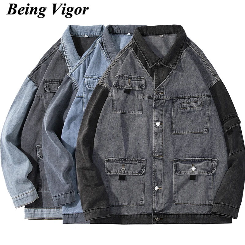 

Being Vigor Streetwear Color Blocked Button Denim Jeans Jacket Motor Biker Punk Jacket Jaqueta Jeans Masculina