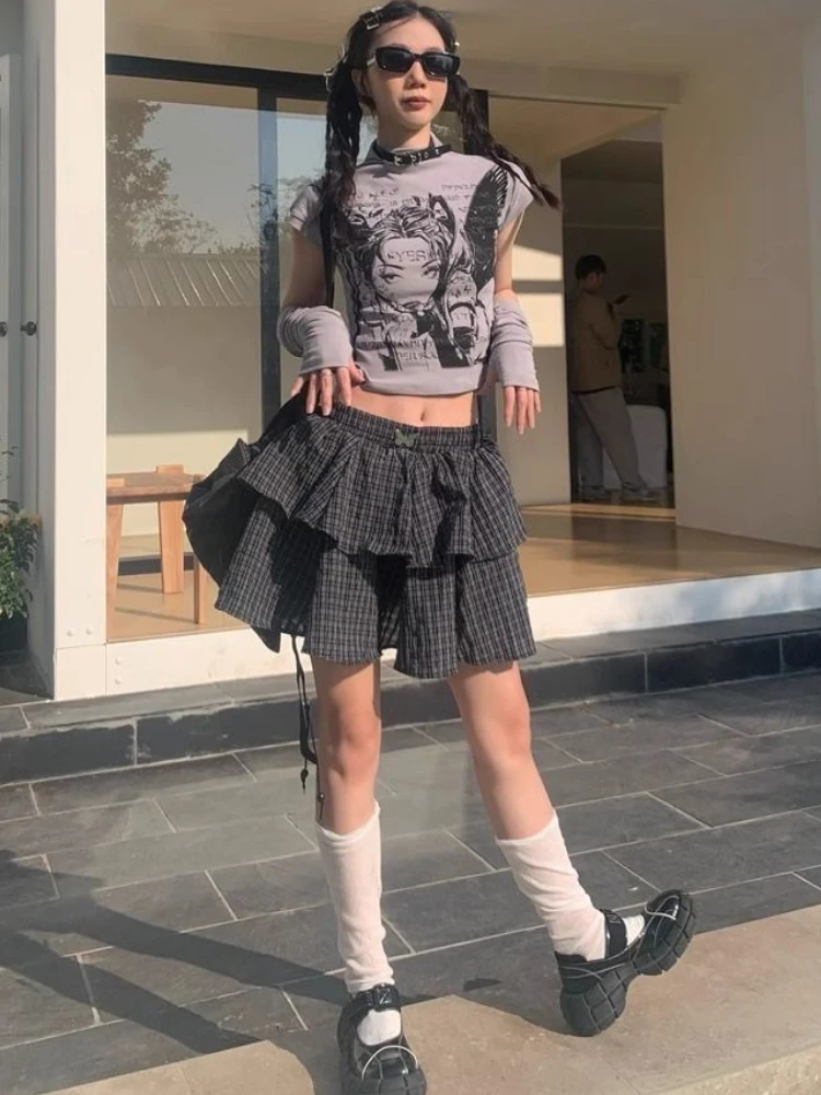 Chic Streetwear Sweet Kawaii Plaid High Waisted Cake Skirt Women Fluffy A-line Student Clothes Pleat Skirt School Gothic College