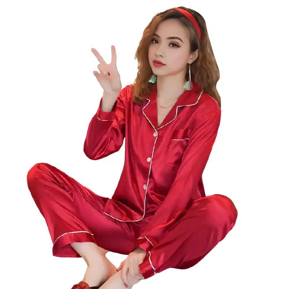 fashion women s loungewear two piece set silk pajamas solid single breasted laple long sleeve top loose trousers women sleepwear Women Two-piece Loungewear Set Elegant Silky Ice Silk Women's Pajamas Set with Lapel Collar Long Sleeve Shirt Wide for Ladies