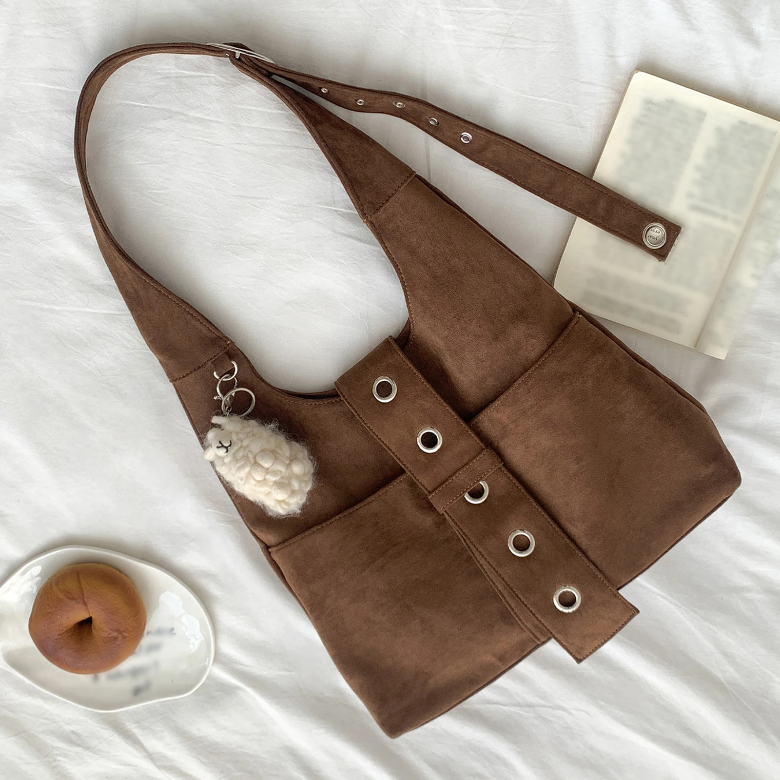 Retro Faux Suede Rivet Shoulder Bags Large Handbag Slouchy Tote Handbag for Women Travel Winter Fall