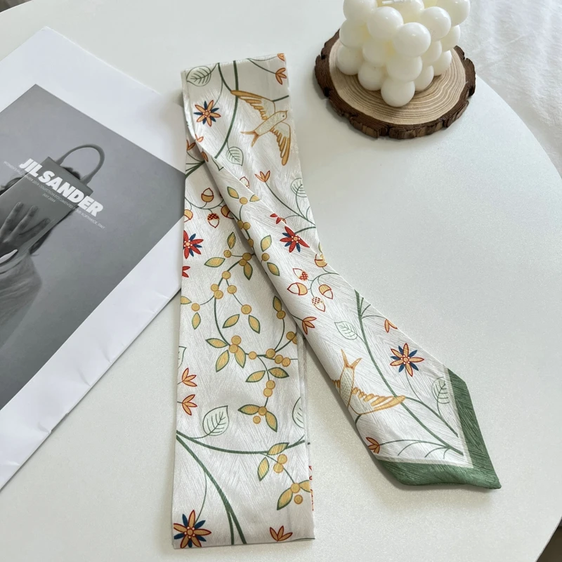 Fashion Floret Printed Hairband Silk Satin Bag Scarf For Women Skinny Long Wrist Ribbon Neck Scarves Hair Scarfs For Women 5