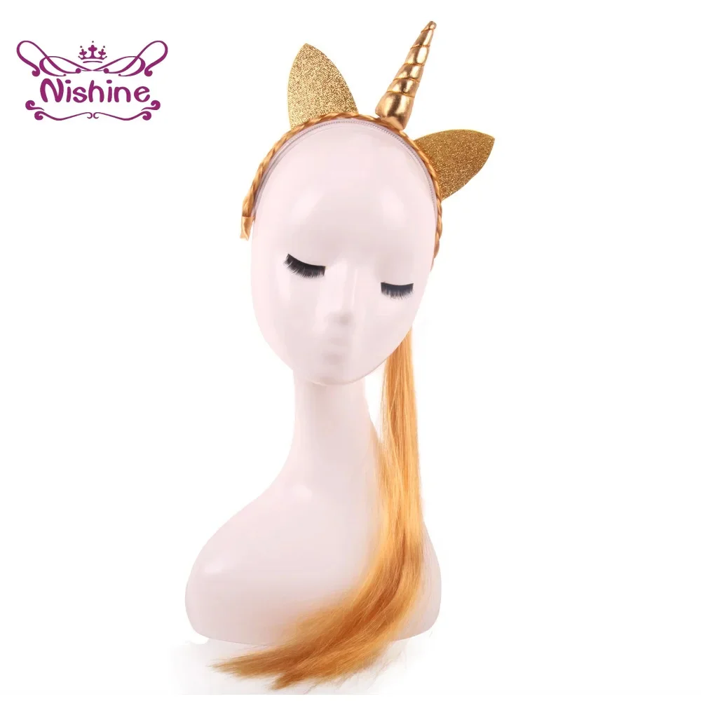 Rainbow Color Ponytail Unicorn Horn Headbands Glitter Ears Kids Girls Princess Braid Wig Hair Bands Headwear Accessories nylon hair tie